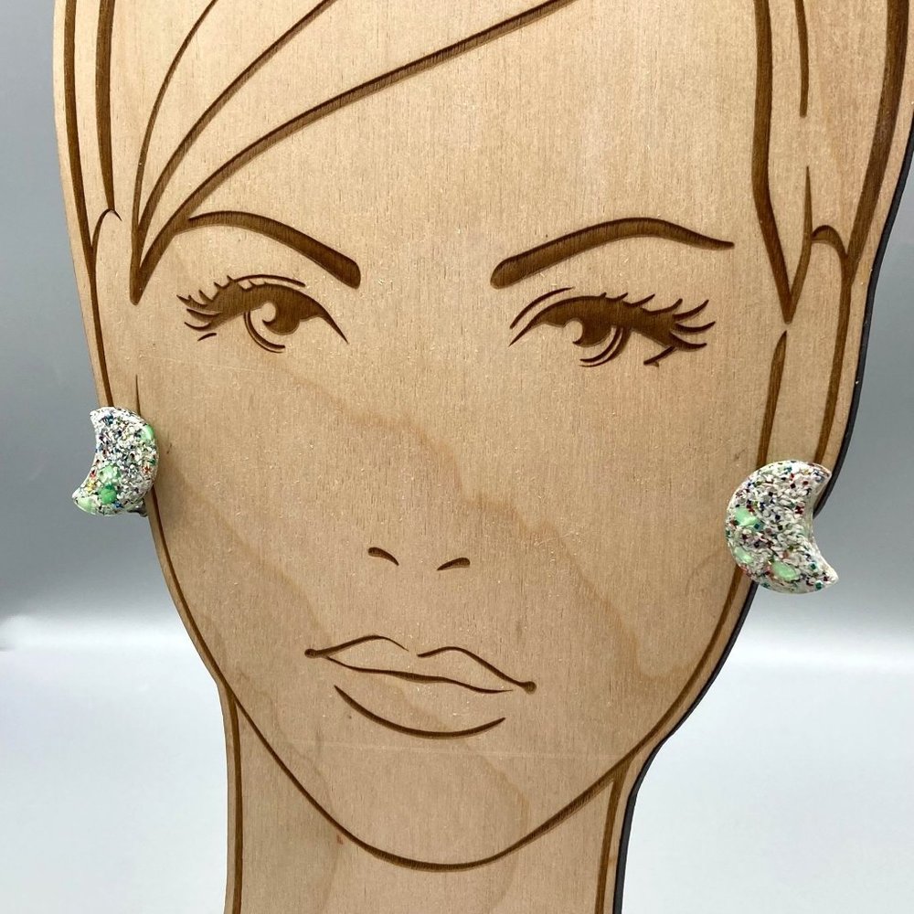 Vintage Crescent Lucite Confetti Earrings, Mint Green Acrylic with Multi Color G